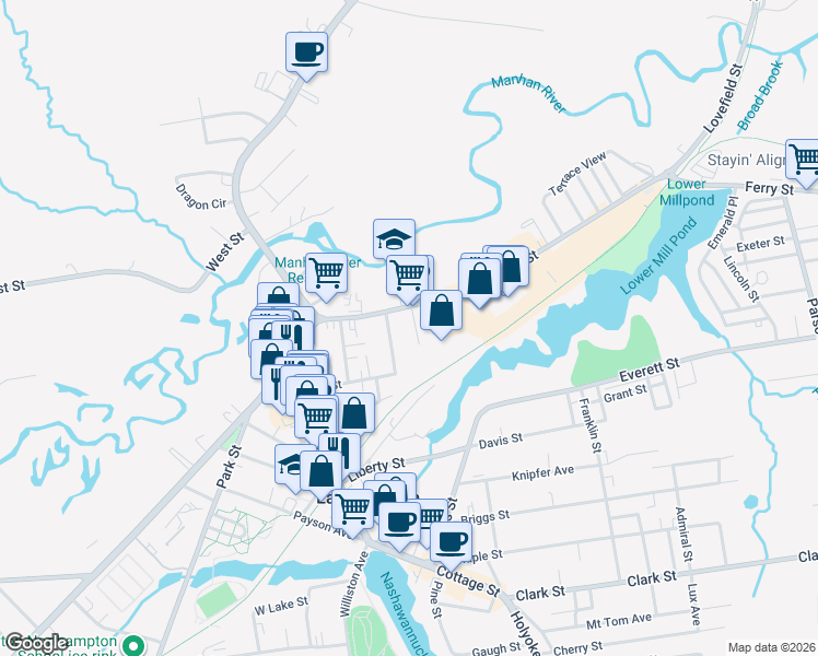 map of restaurants, bars, coffee shops, grocery stores, and more near 14 Hill Avenue in Easthampton