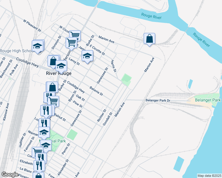 map of restaurants, bars, coffee shops, grocery stores, and more near in River Rouge