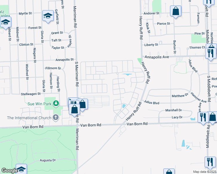 map of restaurants, bars, coffee shops, grocery stores, and more near 306 Carmel Street in Westland