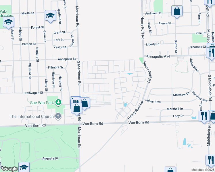 map of restaurants, bars, coffee shops, grocery stores, and more near 701-763 Redwood Street in Westland