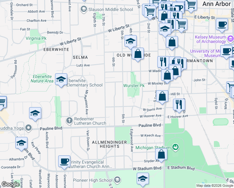 map of restaurants, bars, coffee shops, grocery stores, and more near 801 Hutchins Avenue in Ann Arbor