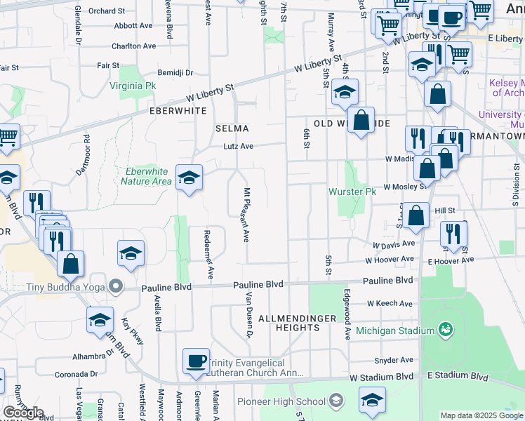 map of restaurants, bars, coffee shops, grocery stores, and more near 726 Madison Place in Ann Arbor