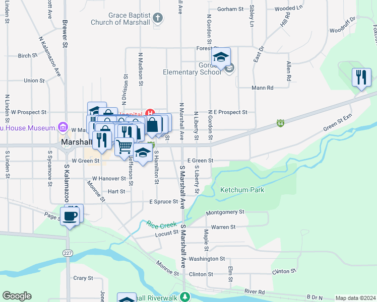 map of restaurants, bars, coffee shops, grocery stores, and more near 113 South Marshall Avenue in Marshall