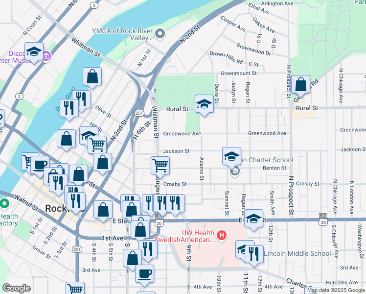 map of restaurants, bars, coffee shops, grocery stores, and more near 1208 Jackson Street in Rockford
