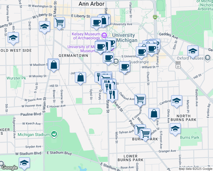 map of restaurants, bars, coffee shops, grocery stores, and more near 804 South State Street in Ann Arbor