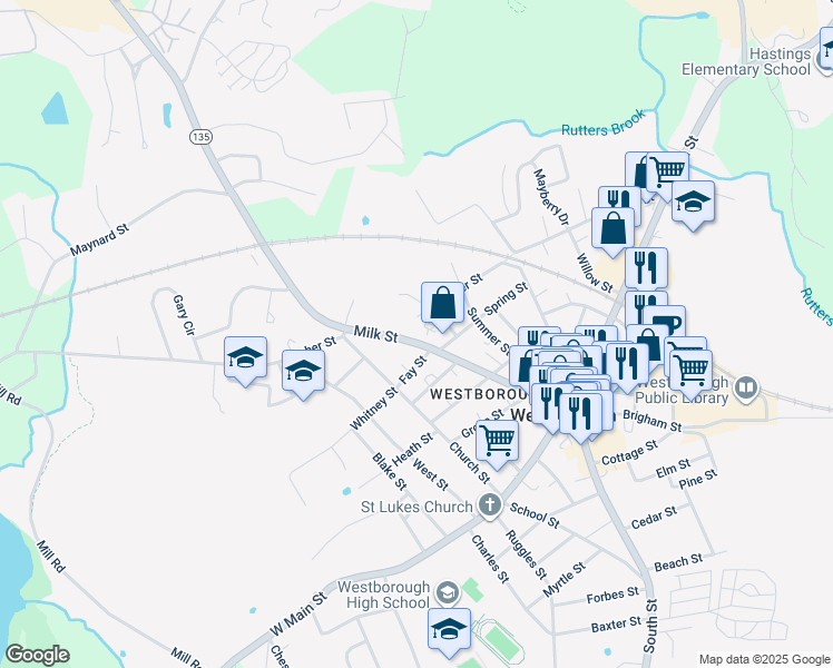 map of restaurants, bars, coffee shops, grocery stores, and more near 69A Milk Street in Westborough