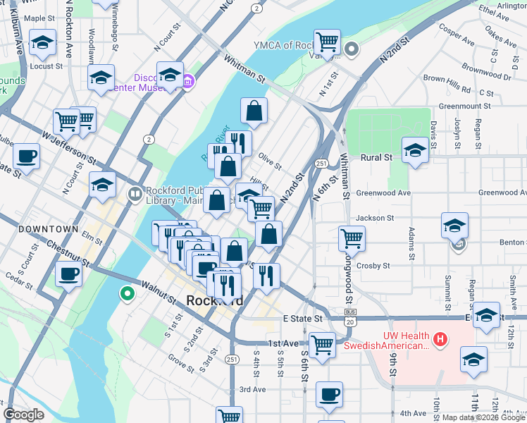 map of restaurants, bars, coffee shops, grocery stores, and more near 416 Prairie Street in Rockford