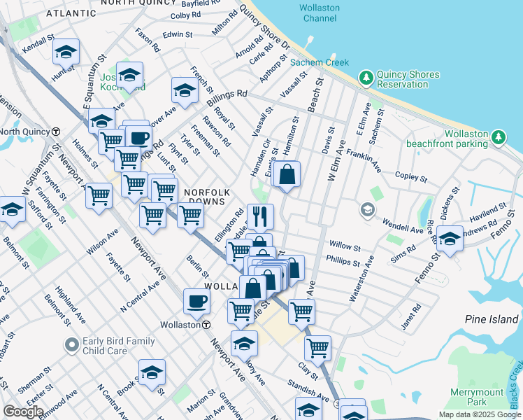 map of restaurants, bars, coffee shops, grocery stores, and more near 82 Willet Street in Quincy