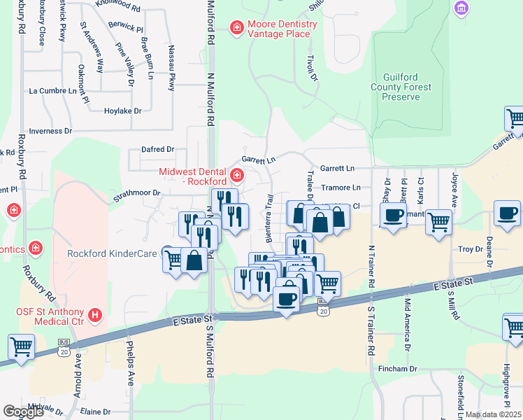 map of restaurants, bars, coffee shops, grocery stores, and more near 406 Bienterra Trail in Rockford