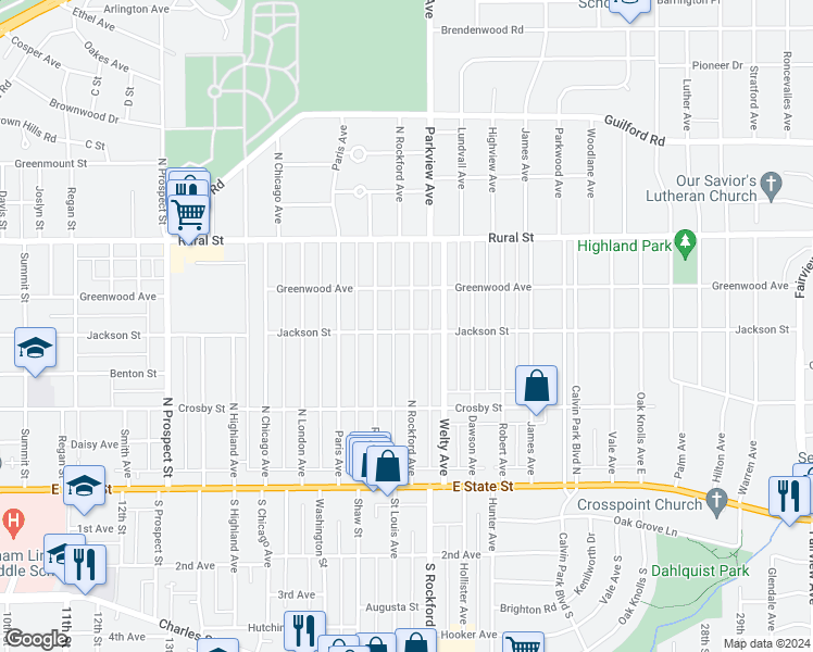 map of restaurants, bars, coffee shops, grocery stores, and more near 504 North Rockford Avenue in Rockford