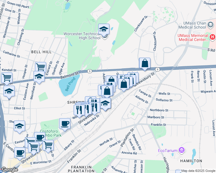 map of restaurants, bars, coffee shops, grocery stores, and more near 28 Adams Street in Worcester