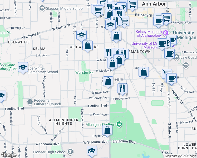 map of restaurants, bars, coffee shops, grocery stores, and more near 406 Nob Hill Court in Ann Arbor