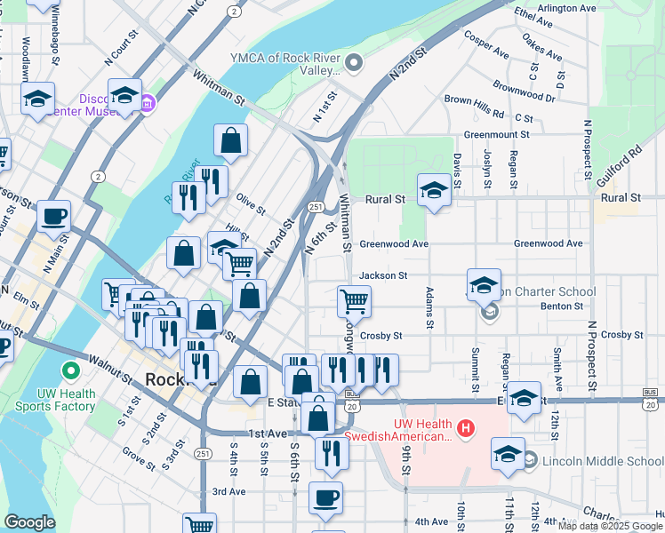 map of restaurants, bars, coffee shops, grocery stores, and more near 1000 Chamberlain Street in Rockford