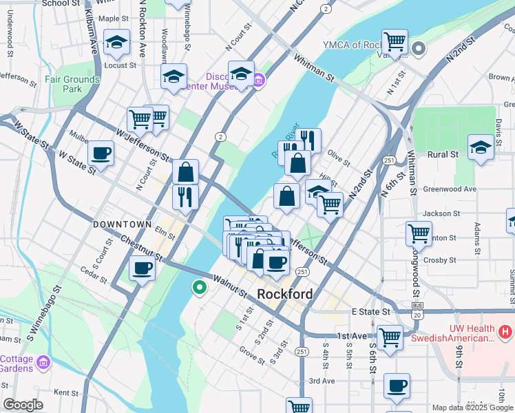 map of restaurants, bars, coffee shops, grocery stores, and more near 300 North Water Street in Rockford
