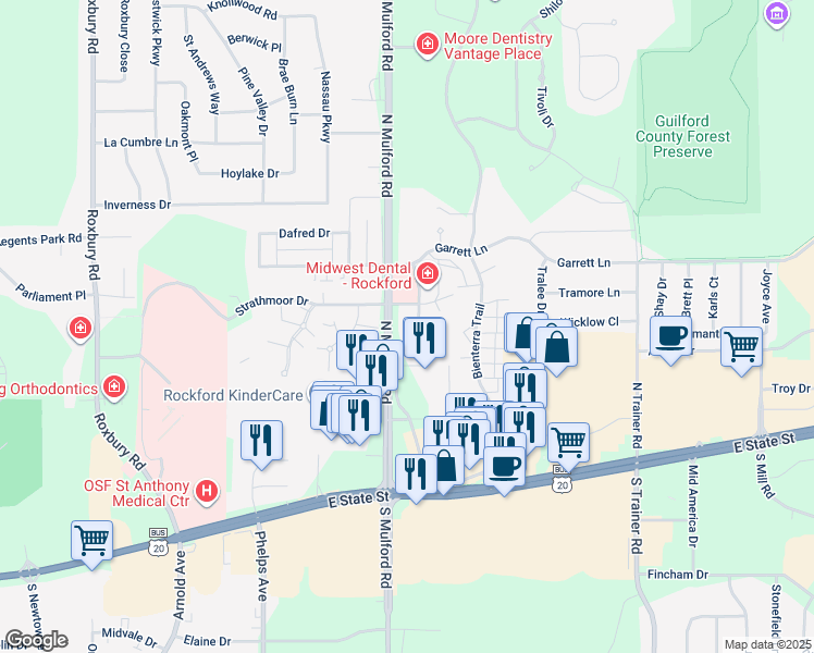 map of restaurants, bars, coffee shops, grocery stores, and more near 419 North Mulford Road in Rockford