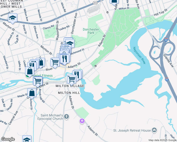 map of restaurants, bars, coffee shops, grocery stores, and more near Branchfield Street in Boston