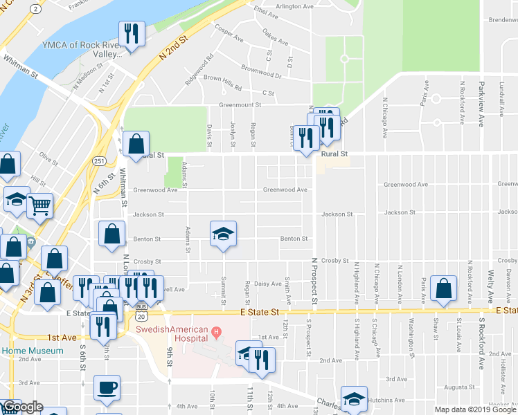 map of restaurants, bars, coffee shops, grocery stores, and more near 1504 Jackson Street in Rockford
