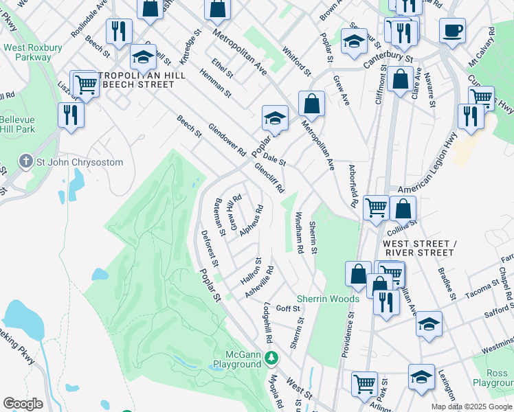 map of restaurants, bars, coffee shops, grocery stores, and more near 19 Alpheus Road in Boston