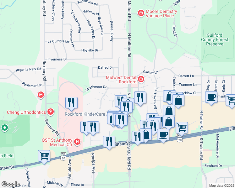 map of restaurants, bars, coffee shops, grocery stores, and more near 432 Bancroft Court in Rockford