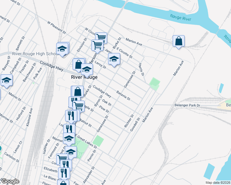 map of restaurants, bars, coffee shops, grocery stores, and more near 92 Batavia Street in River Rouge