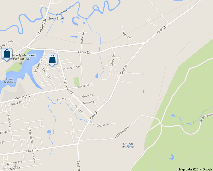 map of restaurants, bars, coffee shops, grocery stores, and more near 285 East Street in Easthampton