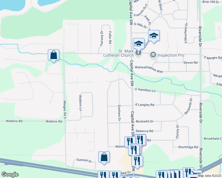 map of restaurants, bars, coffee shops, grocery stores, and more near 140 Dunham Drive in Battle Creek
