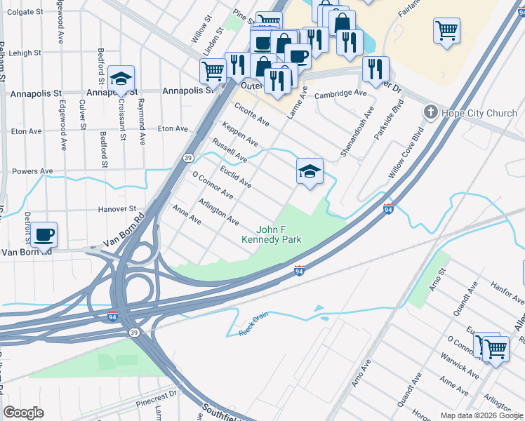 map of restaurants, bars, coffee shops, grocery stores, and more near 17050 O Connor Avenue in Allen Park
