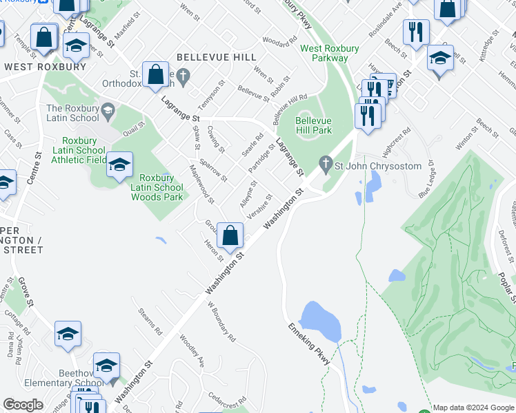 map of restaurants, bars, coffee shops, grocery stores, and more near 23 Vershire Street in Boston