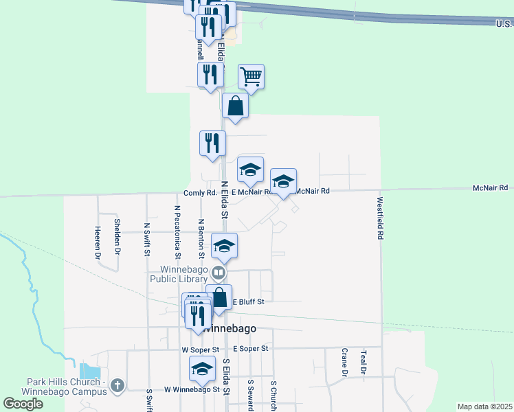 map of restaurants, bars, coffee shops, grocery stores, and more near 200 East McNair Road in Winnebago