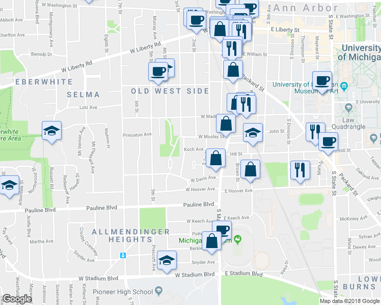 map of restaurants, bars, coffee shops, grocery stores, and more near 406 Nob Hill Court in Ann Arbor