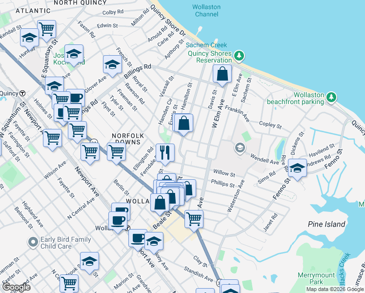 map of restaurants, bars, coffee shops, grocery stores, and more near 114 Beach Street in Quincy