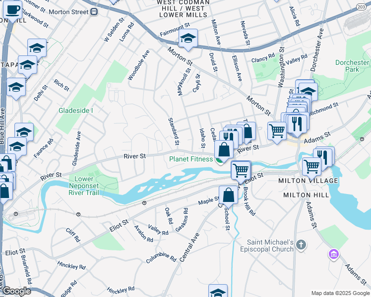 map of restaurants, bars, coffee shops, grocery stores, and more near 148a River Street in Boston