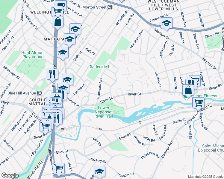 map of restaurants, bars, coffee shops, grocery stores, and more near 45 Newcroft Circle in Boston