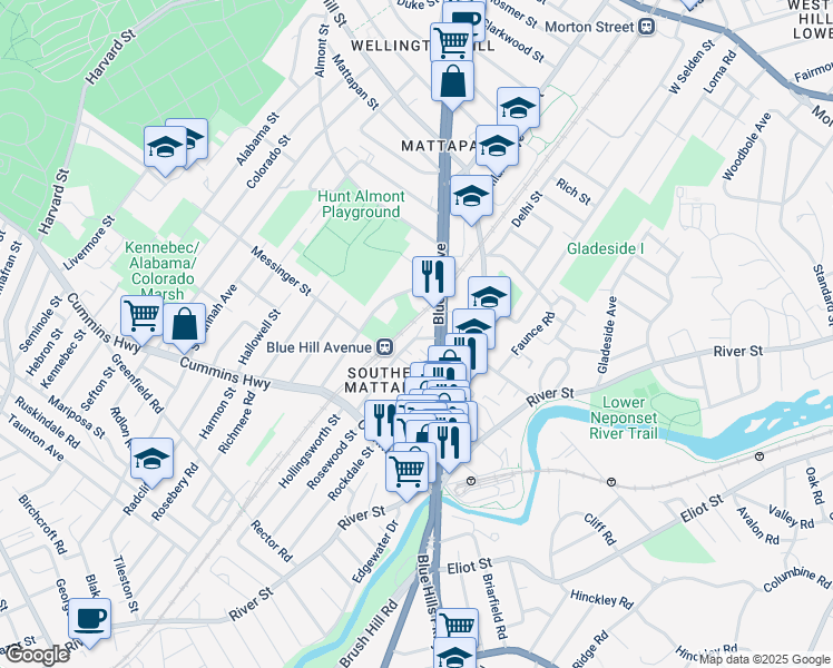 map of restaurants, bars, coffee shops, grocery stores, and more near 1531 Blue Hill Avenue in Boston
