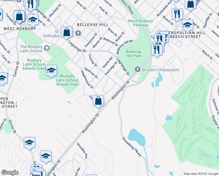 map of restaurants, bars, coffee shops, grocery stores, and more near 28 Vershire Street in Boston
