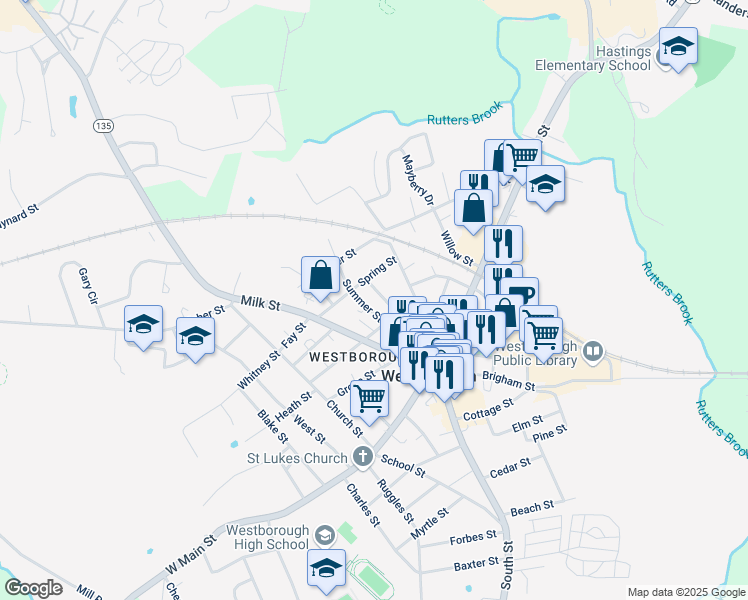 map of restaurants, bars, coffee shops, grocery stores, and more near 40 Summer Street in Westborough