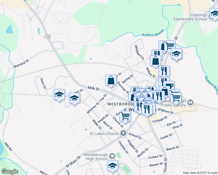 map of restaurants, bars, coffee shops, grocery stores, and more near 69A Milk Street in Westborough