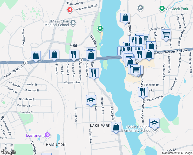 map of restaurants, bars, coffee shops, grocery stores, and more near 65 Lake Avenue in Worcester