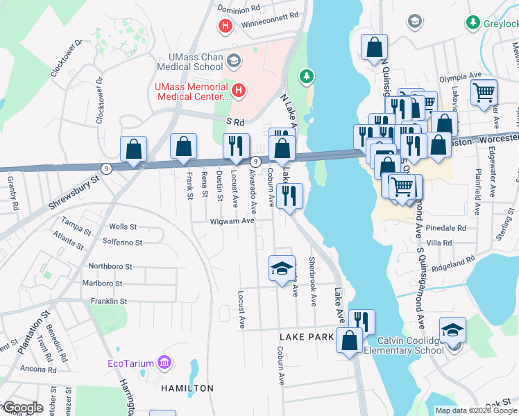map of restaurants, bars, coffee shops, grocery stores, and more near 58 Coburn Avenue in Worcester