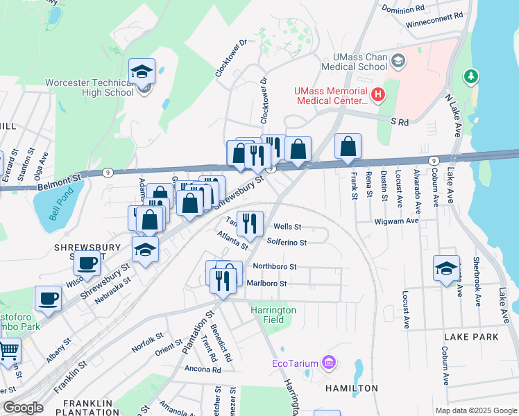 map of restaurants, bars, coffee shops, grocery stores, and more near 335 Plantation Street in Worcester