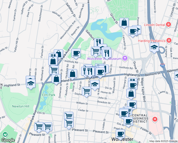 map of restaurants, bars, coffee shops, grocery stores, and more near 124 Massachusetts 9 in Worcester