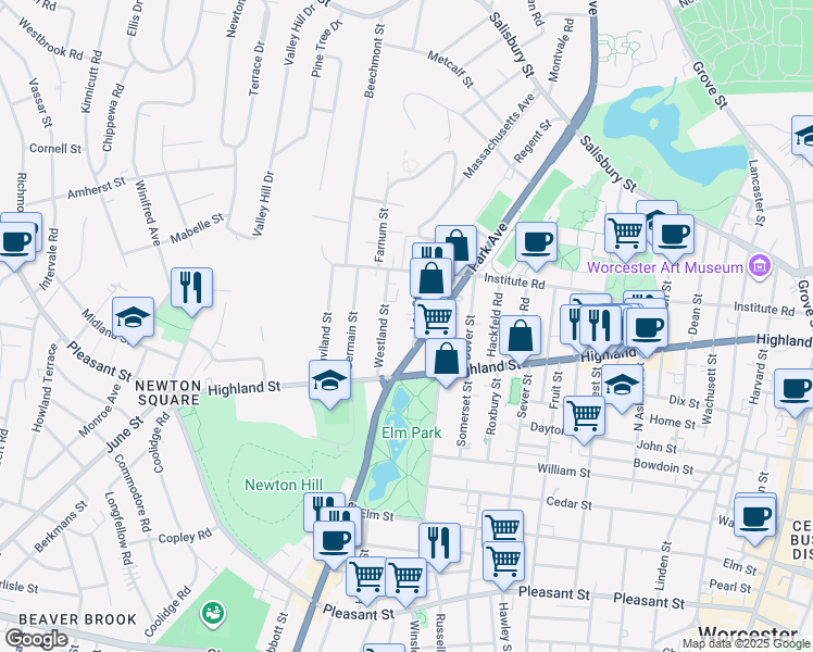 map of restaurants, bars, coffee shops, grocery stores, and more near 210 Park Avenue in Worcester