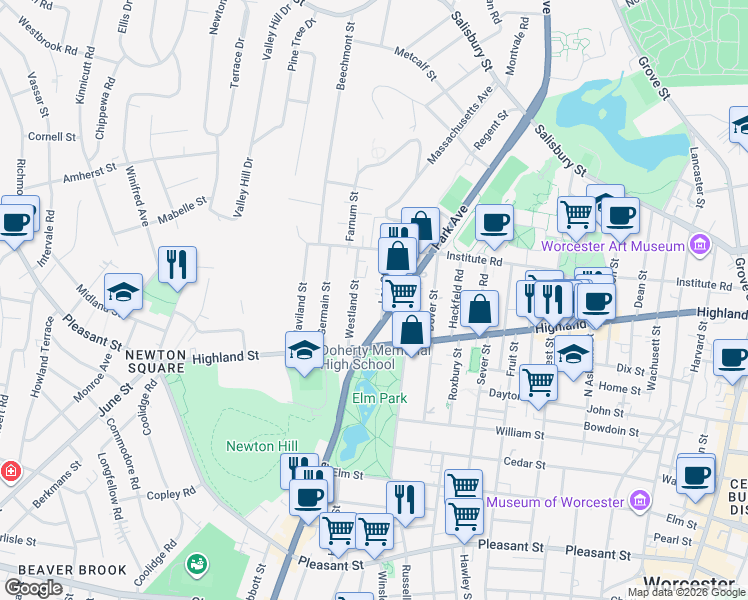 map of restaurants, bars, coffee shops, grocery stores, and more near 210 Park Avenue in Worcester