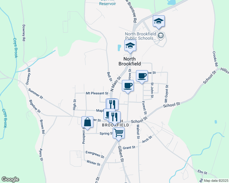 map of restaurants, bars, coffee shops, grocery stores, and more near 266 Massachusetts 148 in North Brookfield