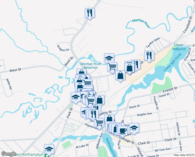 map of restaurants, bars, coffee shops, grocery stores, and more near 8 Summer Street in Easthampton