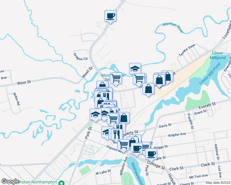 map of restaurants, bars, coffee shops, grocery stores, and more near 8 Summer Street in Easthampton