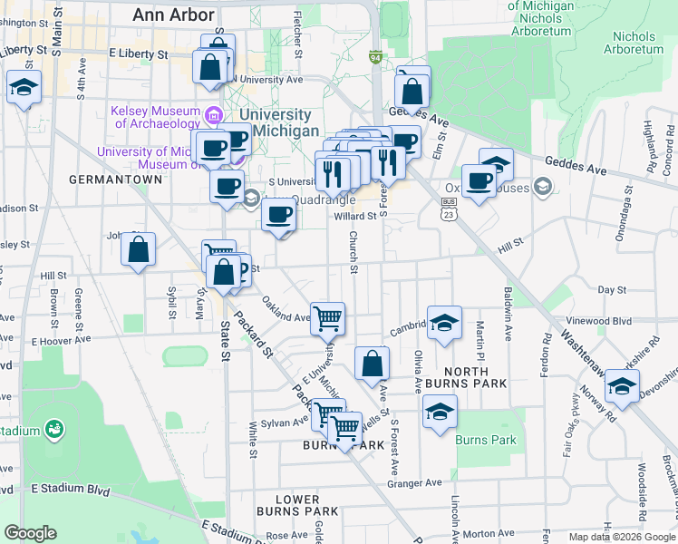 map of restaurants, bars, coffee shops, grocery stores, and more near 814 Church Street in Ann Arbor