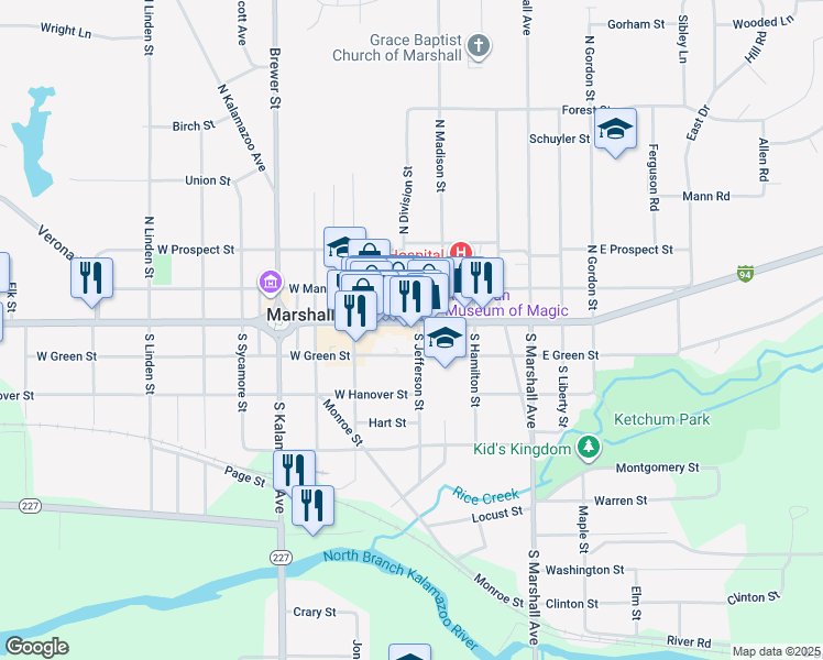 map of restaurants, bars, coffee shops, grocery stores, and more near 105 East Green Street in Marshall