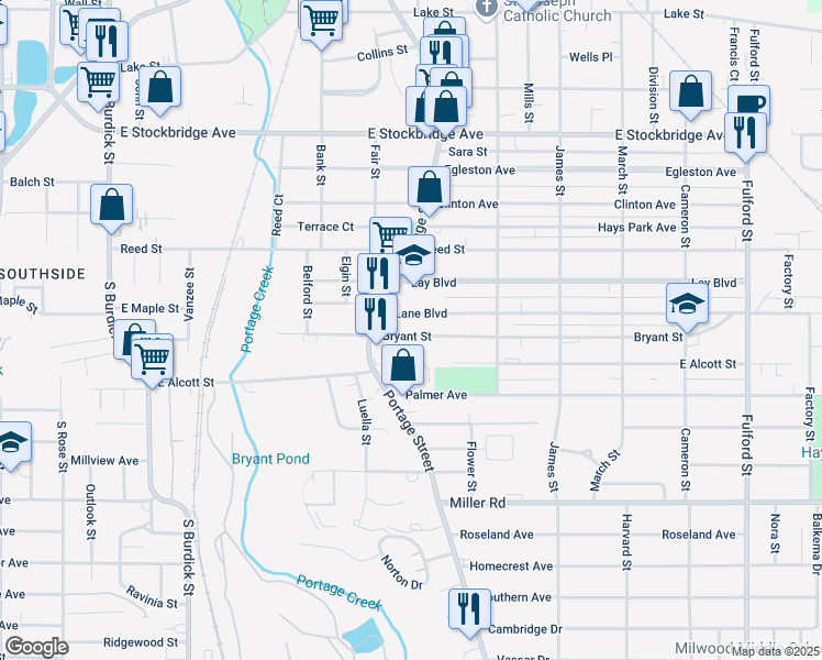 map of restaurants, bars, coffee shops, grocery stores, and more near 808 Bryant Street in Kalamazoo