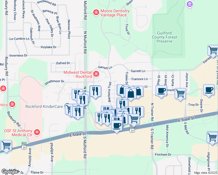 map of restaurants, bars, coffee shops, grocery stores, and more near 406 Bienterra Trail in Rockford